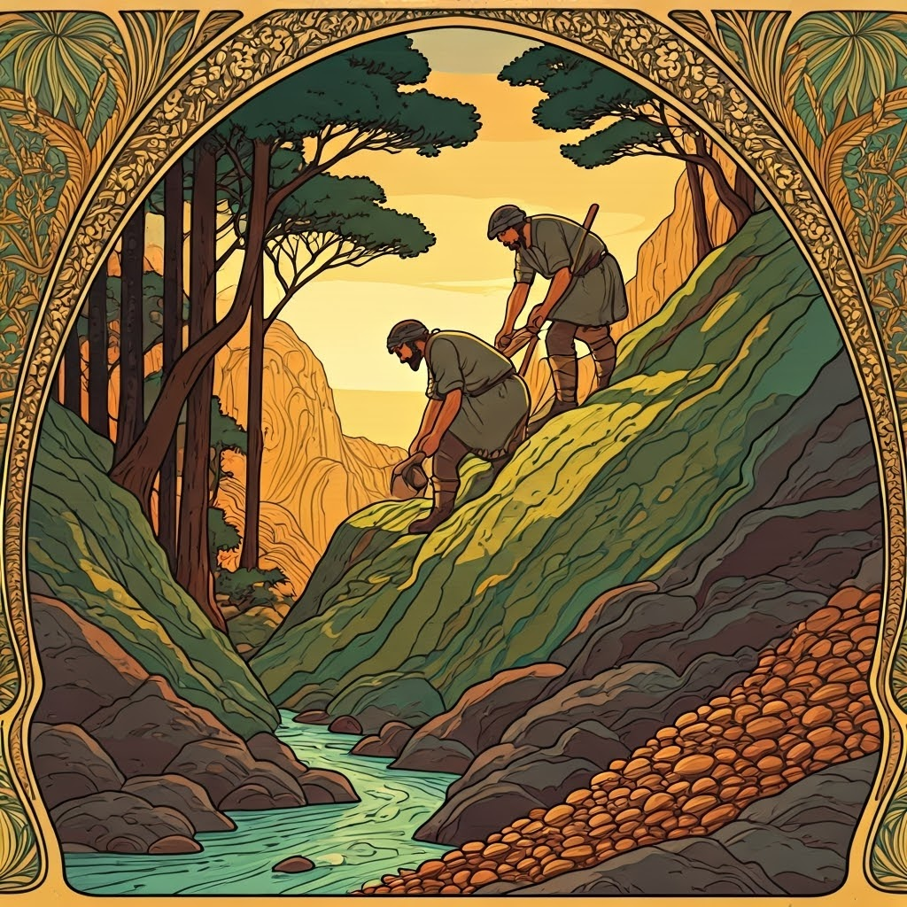 Early miners explore a dawn-lit hillside, inspecting green-stained rocks and copper flecks in shallow streams to locate rich ore deposits.