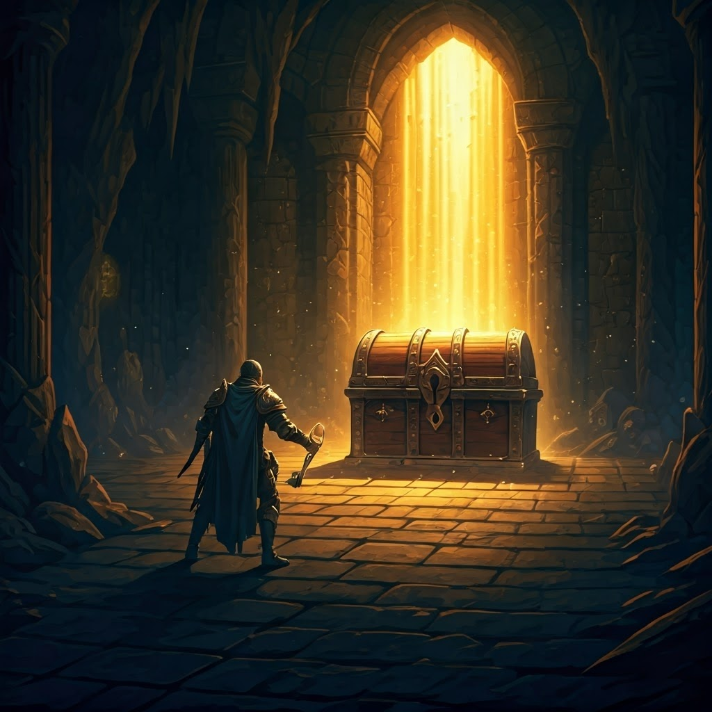 Hero finds a glowing key to unlock a treasure chest, linking small wins to big payoffs