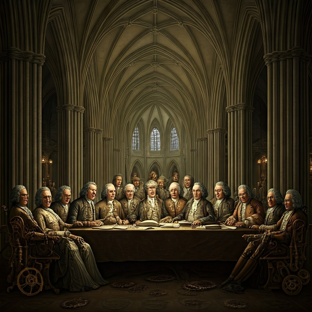 Steampunk-styled etching of thinkers under cathedral arches, candlelight catching mixed courtly and common clothing during lively debate