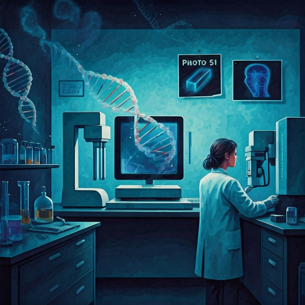 DNA fibers float above a lab bench as a scientist adjusts an X-ray machine, capturing the quest to reveal life’s code.