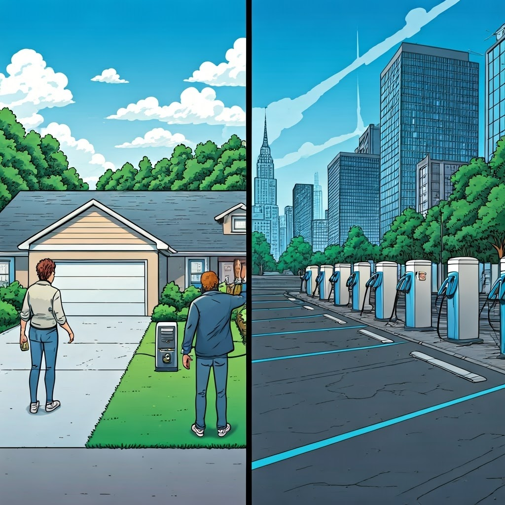 Split view: quiet home charger versus busy public lot, contrasting options