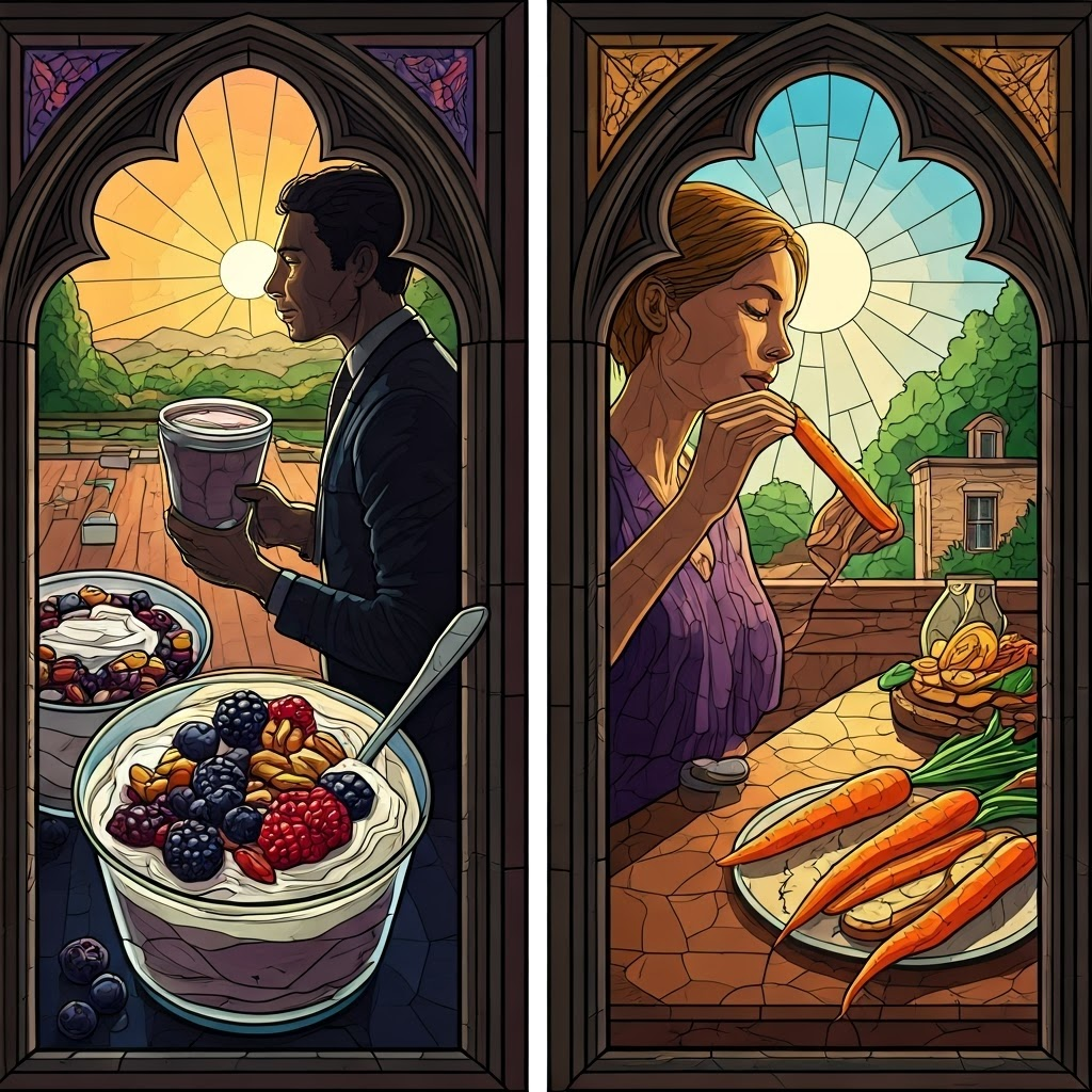Stained-glass diptych: morning yogurt with berries and nuts, afternoon carrot sticks with hummus beside calm workers.