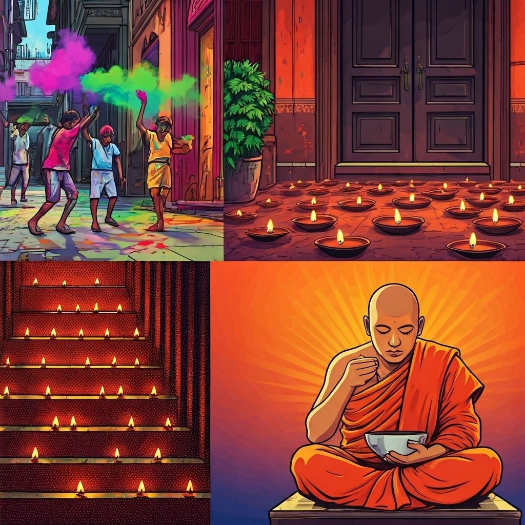Pop-art mosaic blends Holi colors, Diwali lamps, and a monk’s quiet meal, contrasting festival energy with mindful calm.