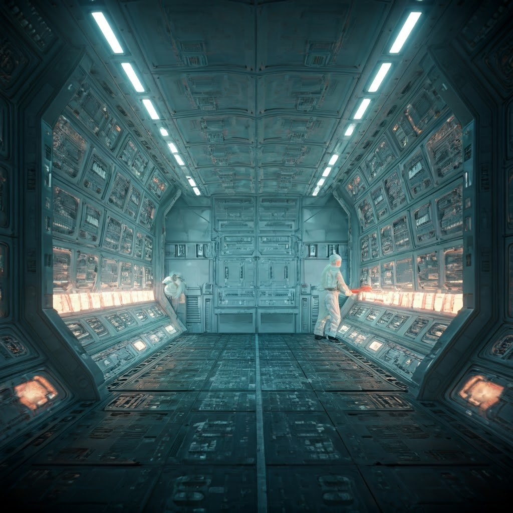 Cleanroom engineers scrub a spacecraft panel, bright lights revealing glowing particles to stress strict sterilization before launch.