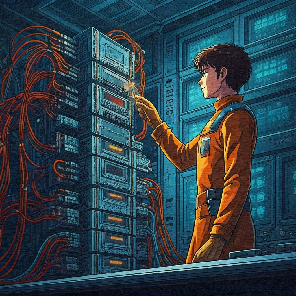 Anime-style scene of flight computers with duplicate wiring to illustrate redundant systems