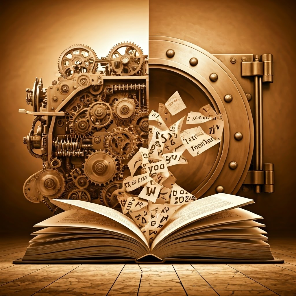 Split scene: a machine hammers every letter combo while an open book spills common words, both streams breaking into a vault.