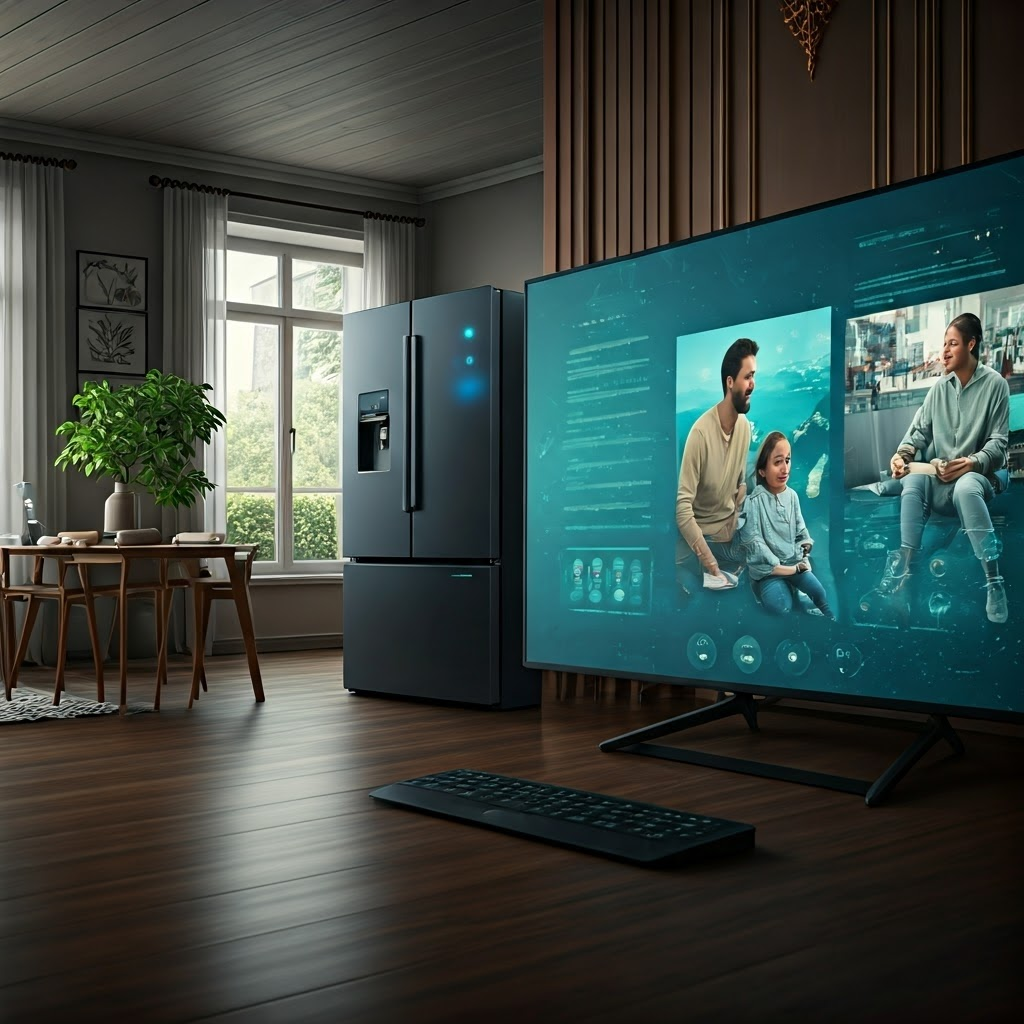 Photorealistic living room where video calls, gaming, and smart appliances run smoothly