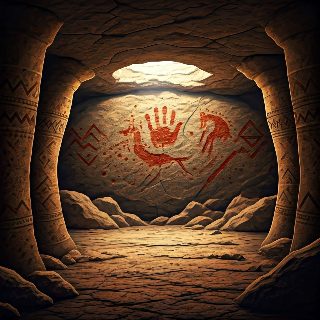 Hand stencil beside quick horse lines, zigzags, and dotted grids on cracked cave stone.