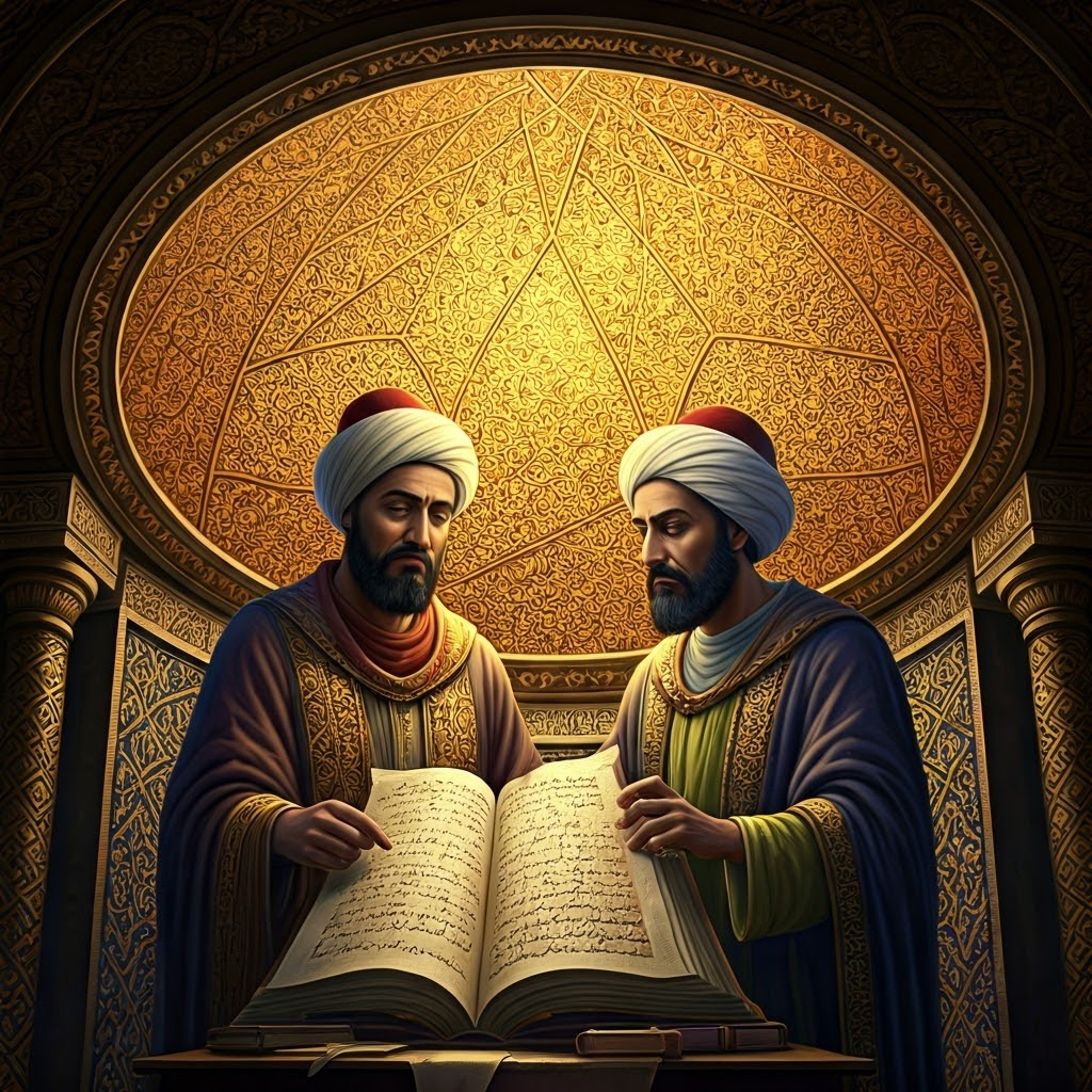 Two Islamic scholars compare Aristotle’s logic with fresh Arabic notes beneath a patterned dome, highlighting intellectual exchange in medieval Baghdad.
