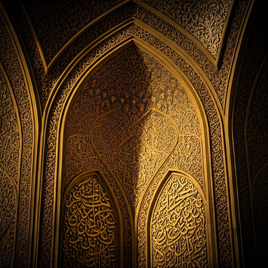 Close view of geometric tiles and flowing Arabic calligraphy glowing under warm light