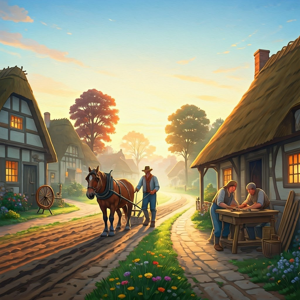 A tranquil watercolor sunrise in a pre-industrial European village where a farmer guides a horse-drawn plow through dewy fields
