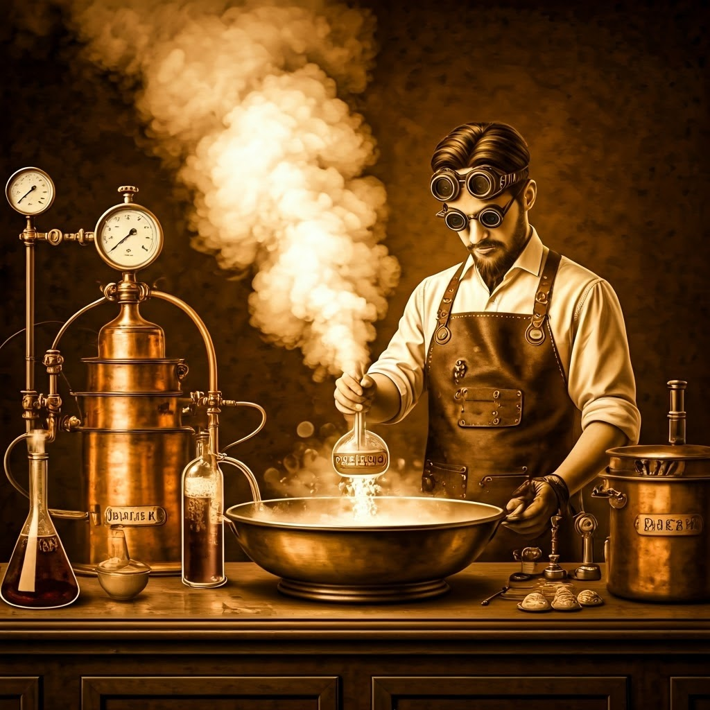 Steampunk kitchen scene where a chef mixes flasks labeled acid and base, demonstrating their reactive power in cooking