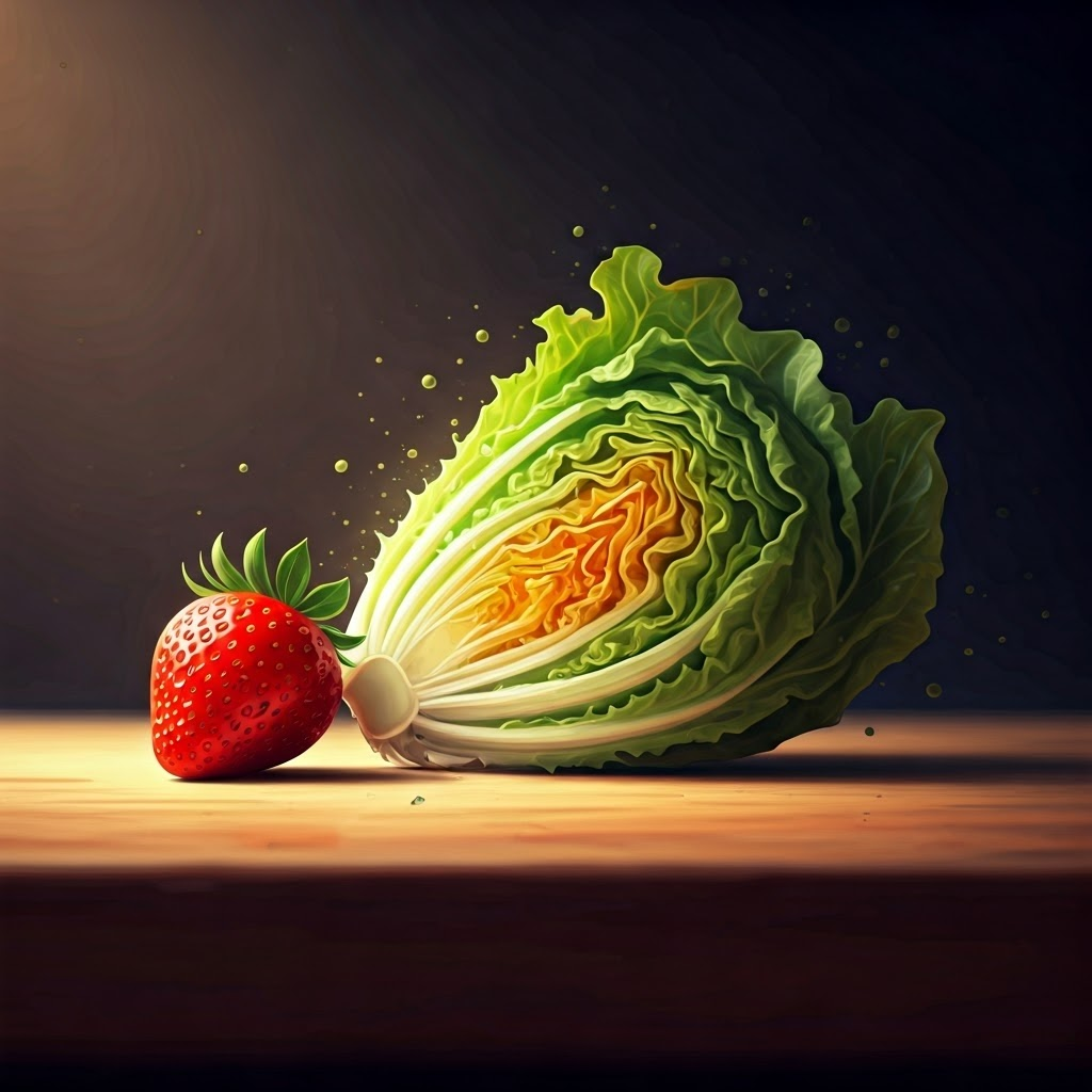 Sunlit counter with a ripe strawberry beside wilted lettuce, hinting at microbes at work.