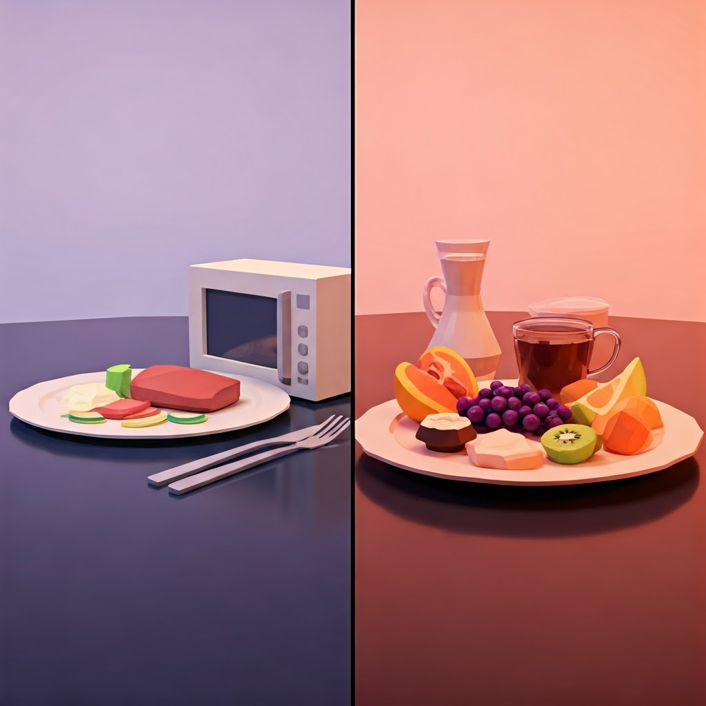 Split-screen 3D render contrasting a simple microwave meal with an elaborate gourmet feast, symbolizing basic versus detailed models.