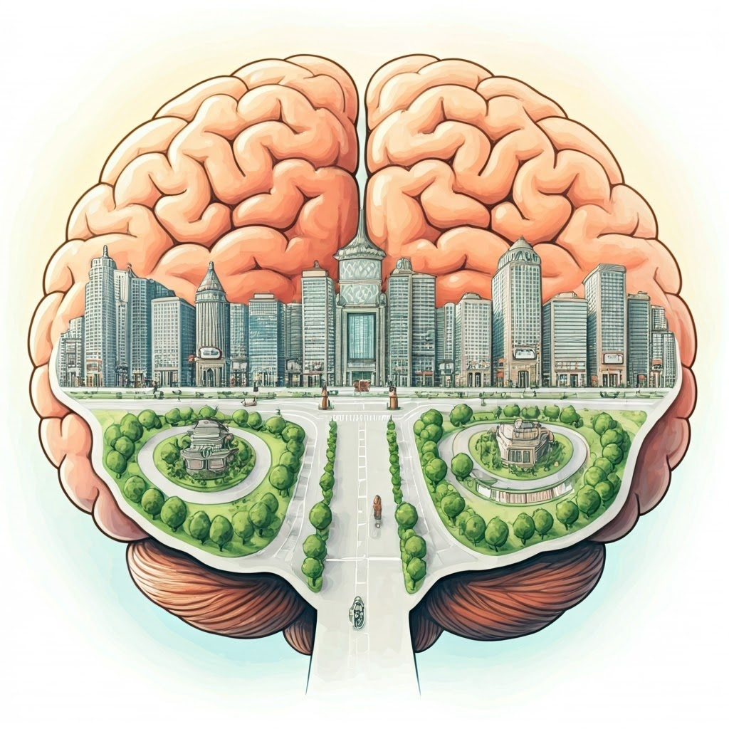 Watercolor map of four brain districts highlighting the bustling frontal lobe at sunrise