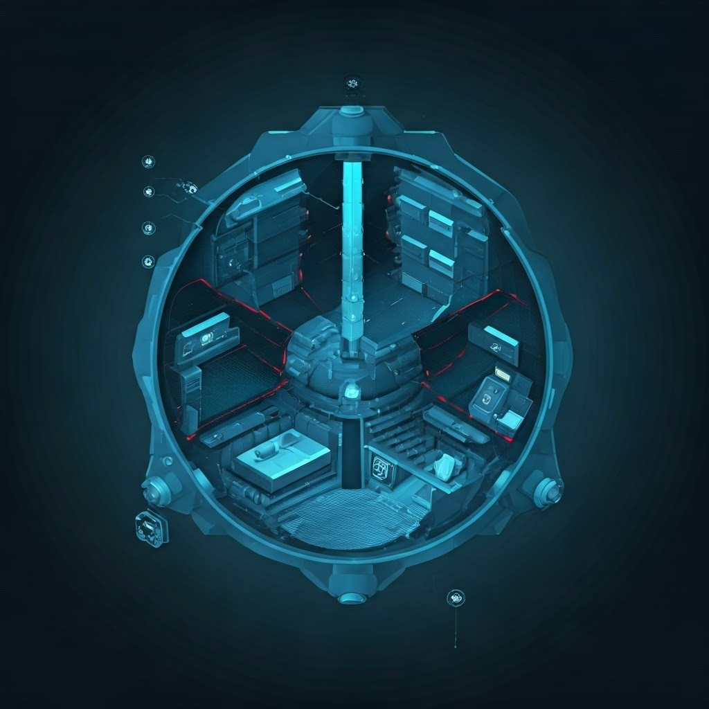 Cutaway view of rotating habitat with airflow arrows and labeled modules