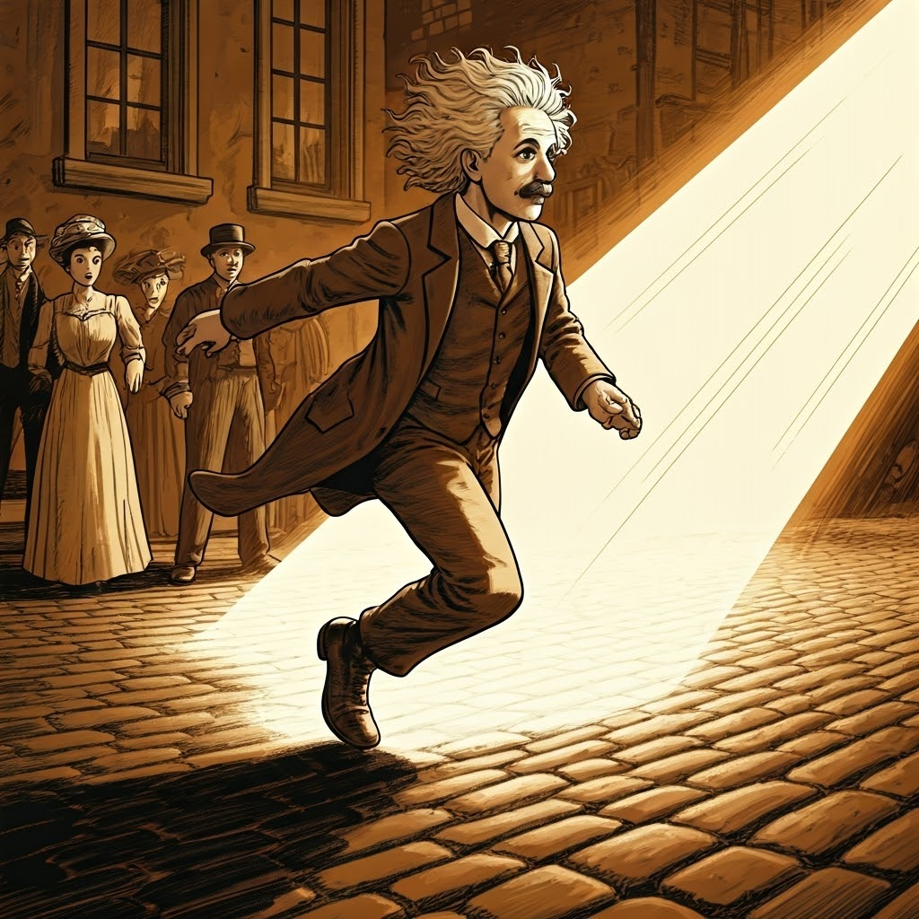 A young Einstein dashes down a cobblestone street chasing a radiant beam of light amid amazed bystanders.