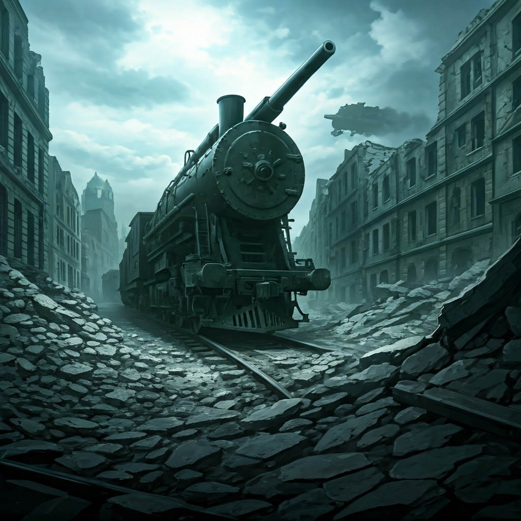 Ruined city skyline dominated by a colossal railway artillery piece