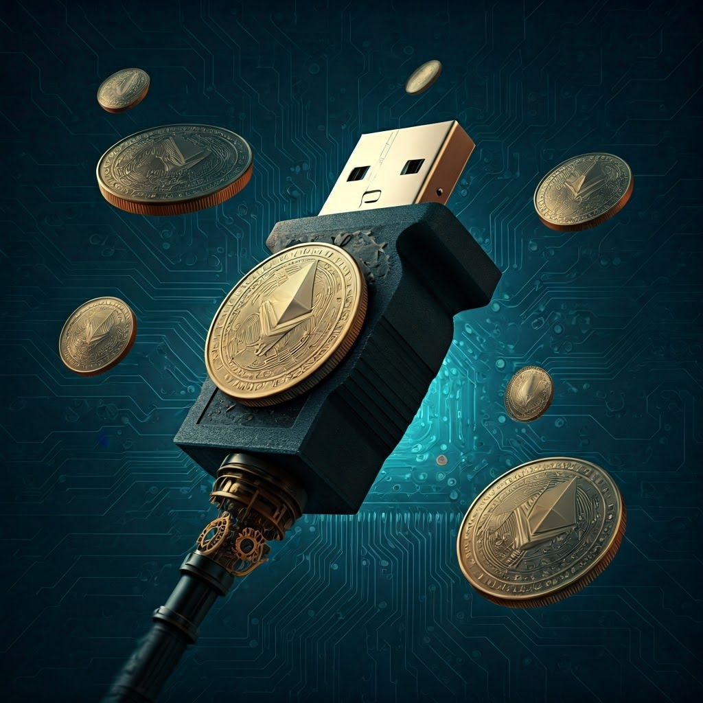 USB plug morphing into floating ERC-20 tokens against a blue sky.
