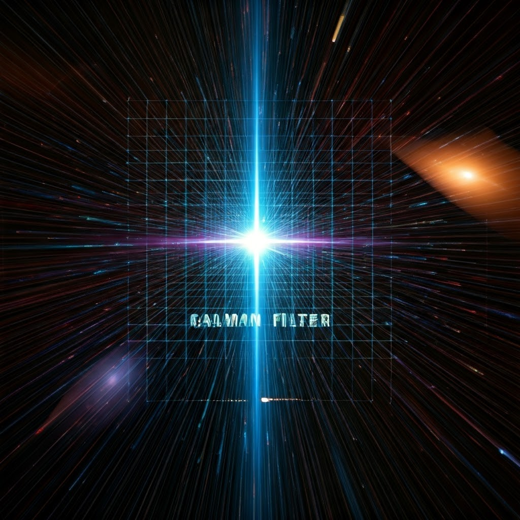 Vivid data streams passing through grid labeled Kalman Filter, exiting as clear direction arrow.