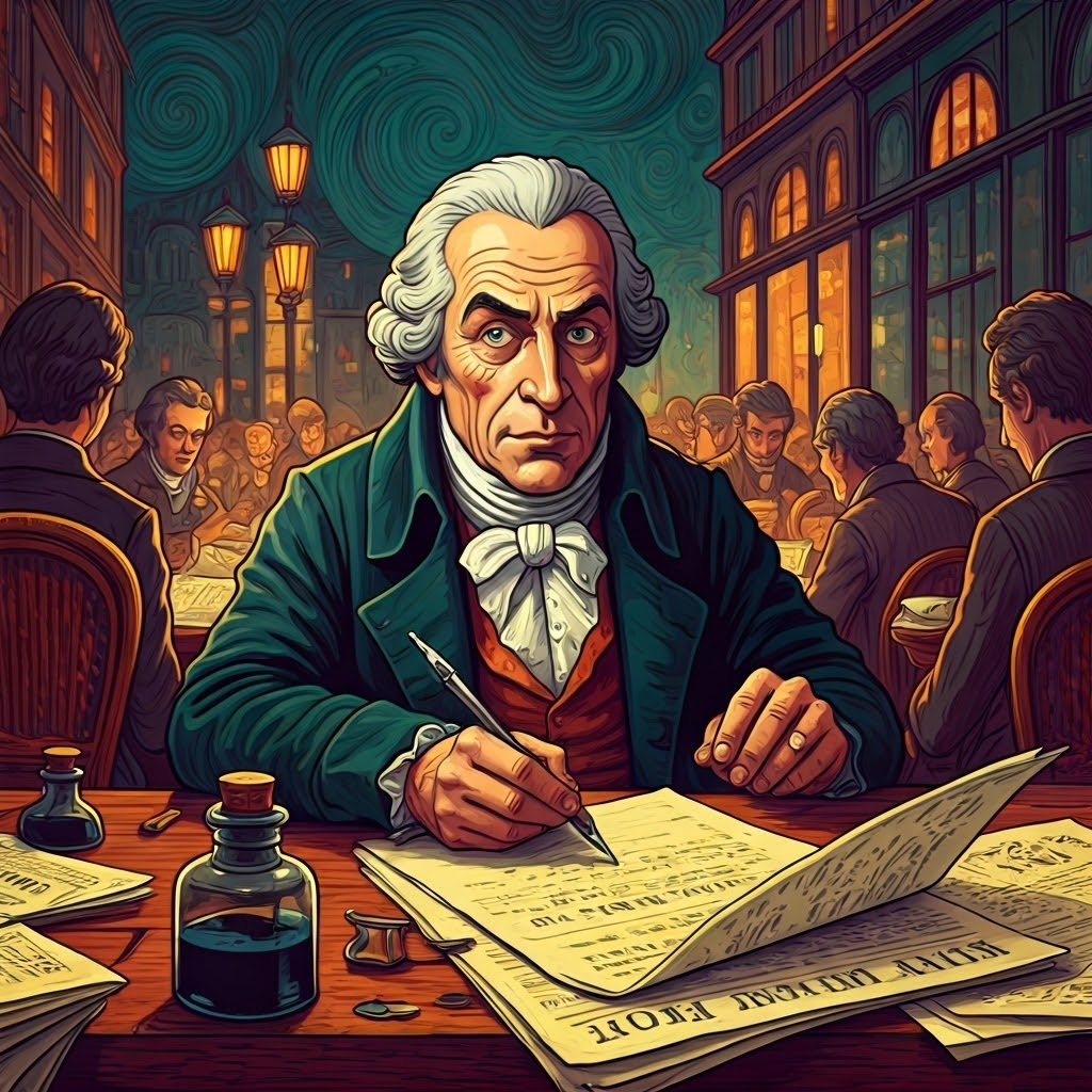 A witty philosopher scribbles satire in a lively Paris café, candlelight reflecting off ink bottles.