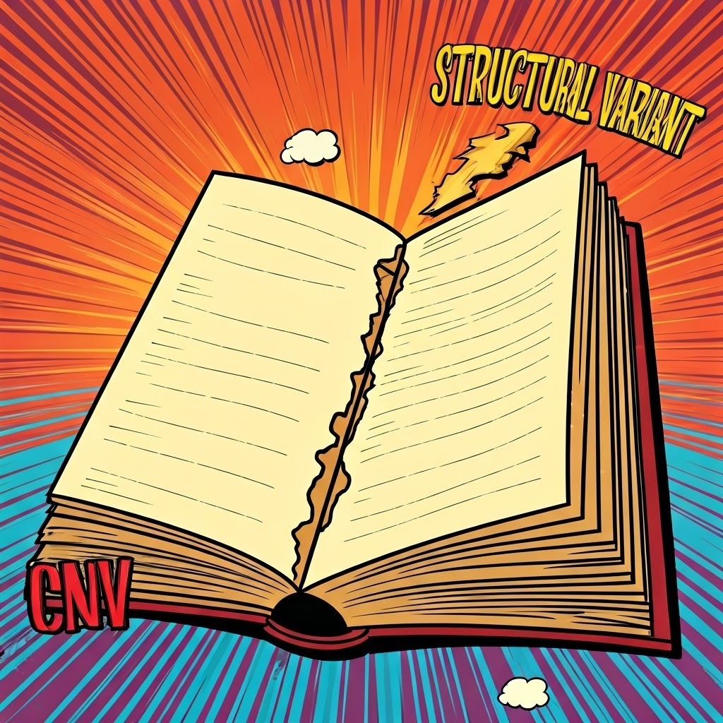 Comic-style panel showing duplicated and missing book segments labeled CNV