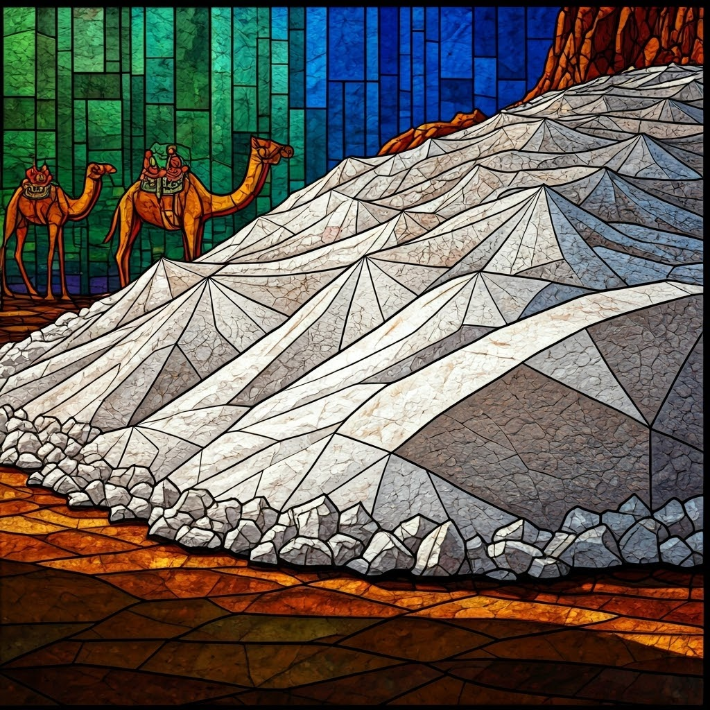 Vibrant mosaic shows shimmering white salt crystals and stylized camels beside jewel-toned oases, revealing a salt desert’s beauty.