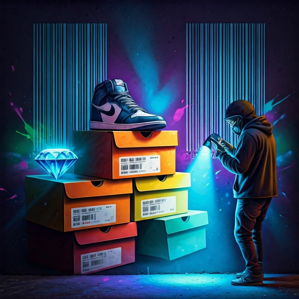 Graffiti-style mural of sneaker boxes with hidden labels and a sparkling diamond under UV inspection