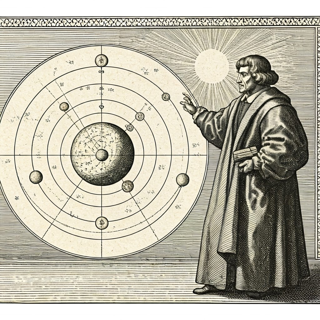 Renaissance engraving showing Copernicus presenting a heliocentric diagram beside the old Earth-centered chart.
