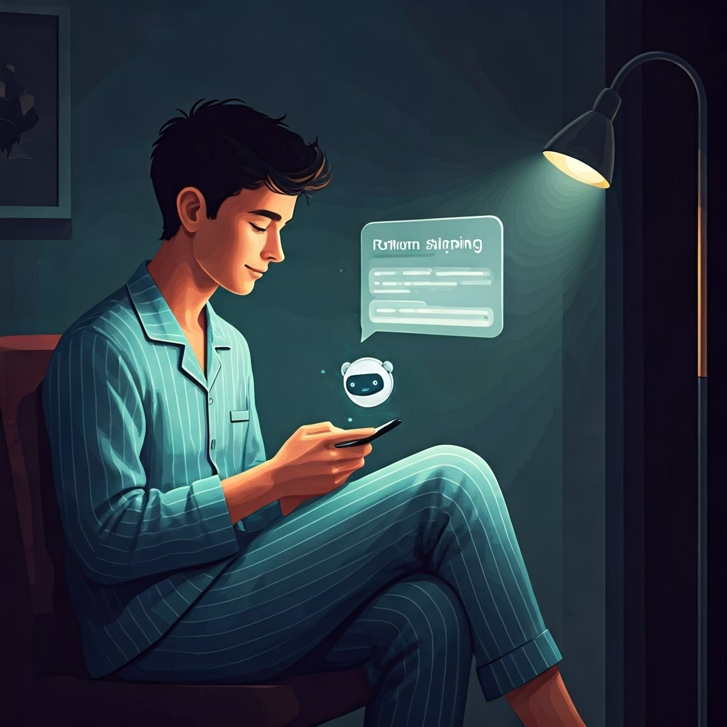 User chats with friendly AI assistant on smartphone in calm home office.