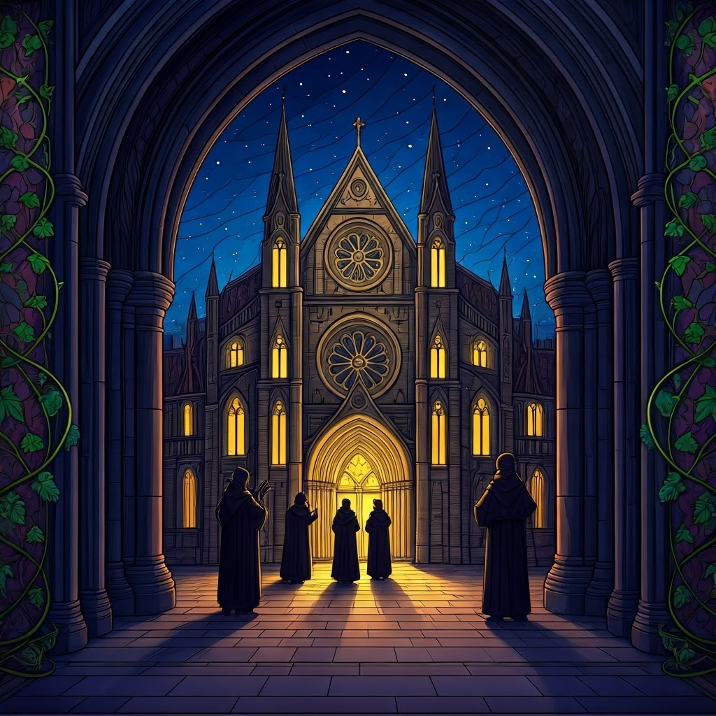 Stained-glass night scene of a glowing abbey and university gate under starry skies, symbolizing hope and the lasting legacy of medieval ideals.