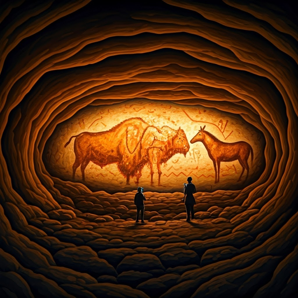 Ancient bison and horse with shaman figure; archaeologists use UV light to reveal hidden layers.