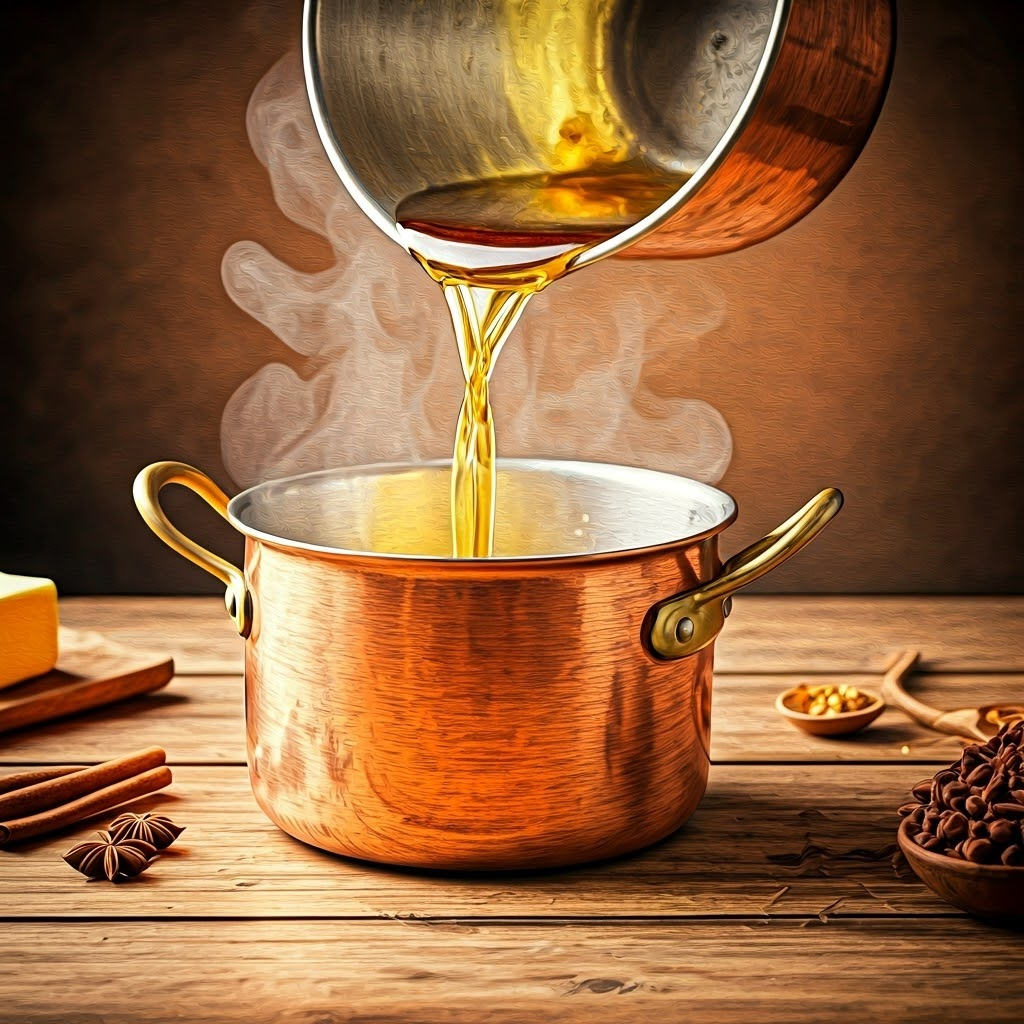 Candy maker adding corn syrup and butter to pot demonstrating crystal-control ingredients.