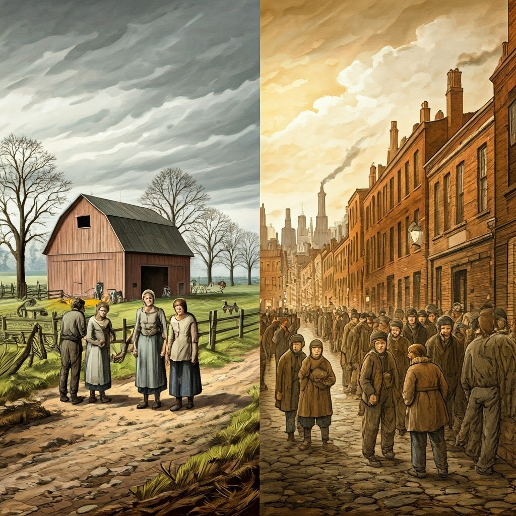 Mixed-media collage contrasting gaunt farm families beside empty barns with crowded urban tenements filled with jobless laborers, showing shared hardship.