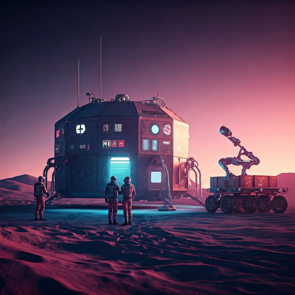 Engineers in modular space suits coordinate cargo on a dawn-lit lunar plateau