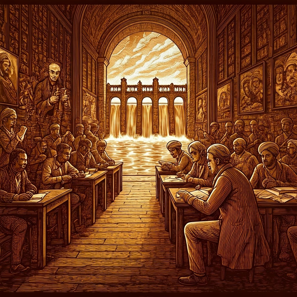 Sepia scene of colonial officials instructing local students, symbolizing imposed European art standards and cultural obstruction.