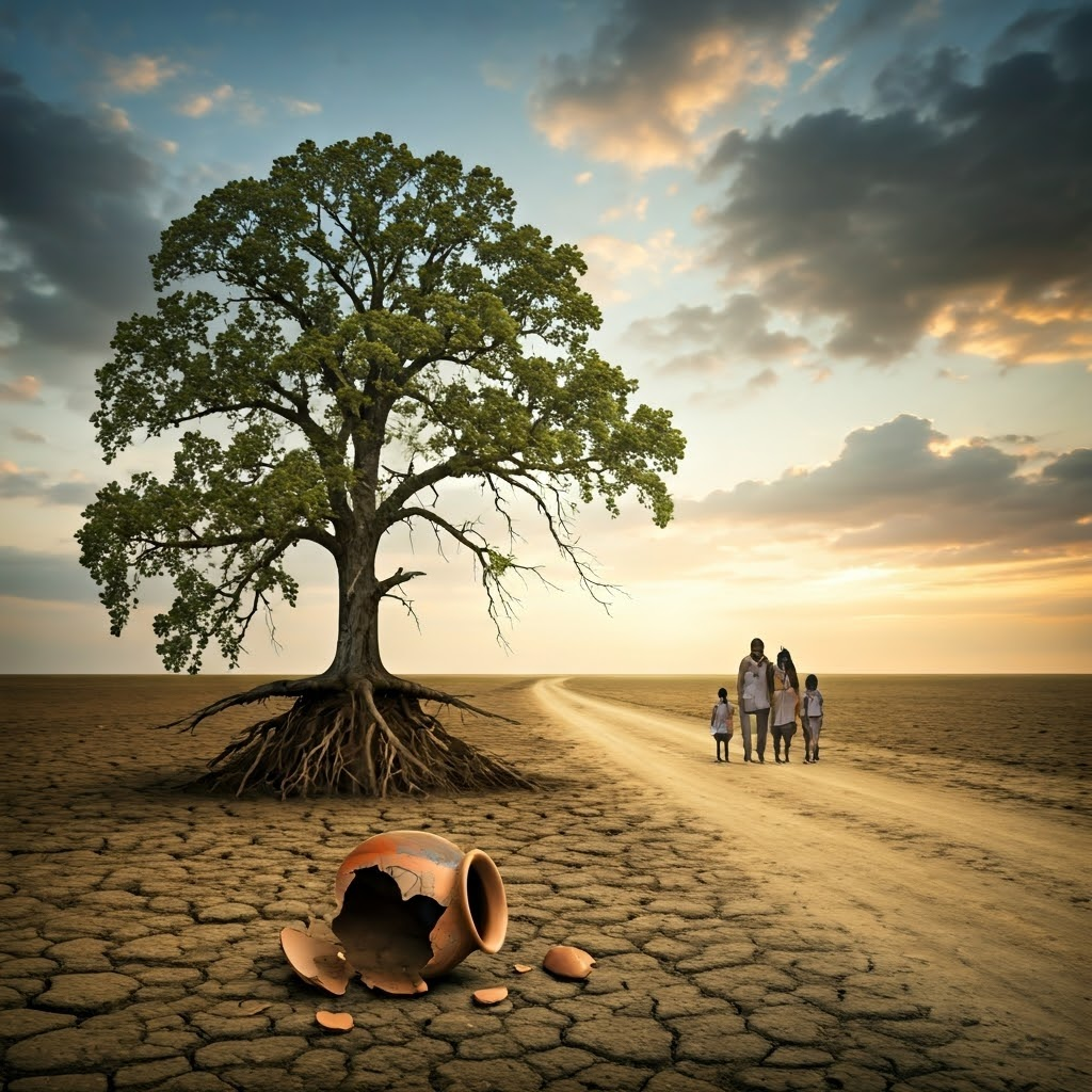 Uprooted ancient oak on bare earth, scattered tribal symbols and a lonely family walking away under a vast dusk sky.