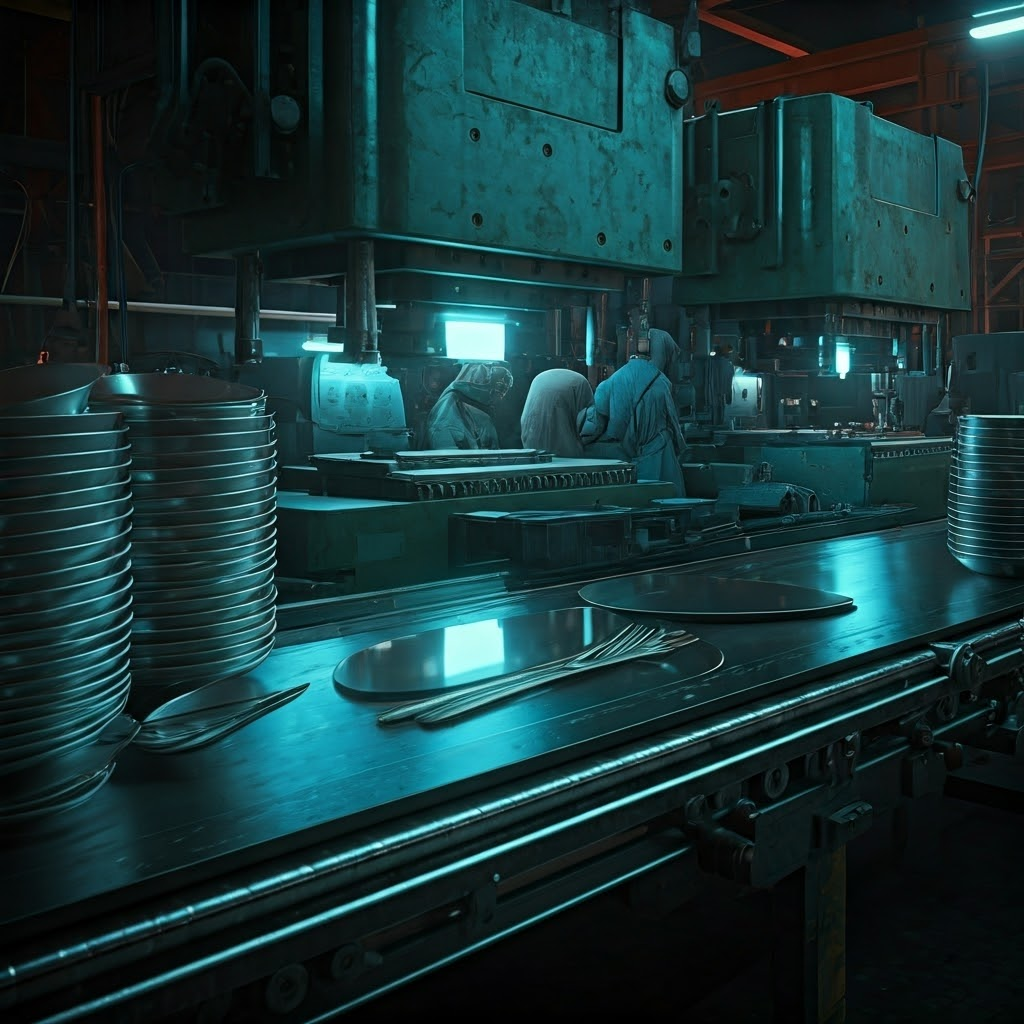 Industrial workshop where stamping machines spit out shiny utensils onto a conveyor, showing endless identical products.