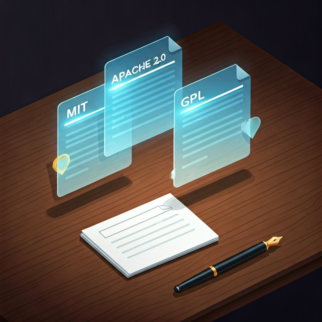 Flat-lay showing MIT, Apache 2.0, GPL documents glowing above desk