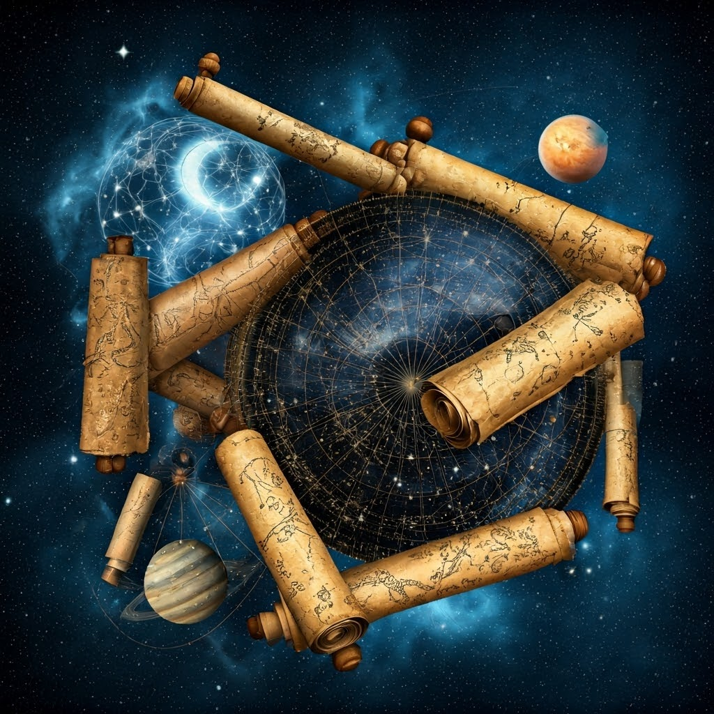 Digital collage merging mythic stories and star maps, hinting at curiosity-driven observation