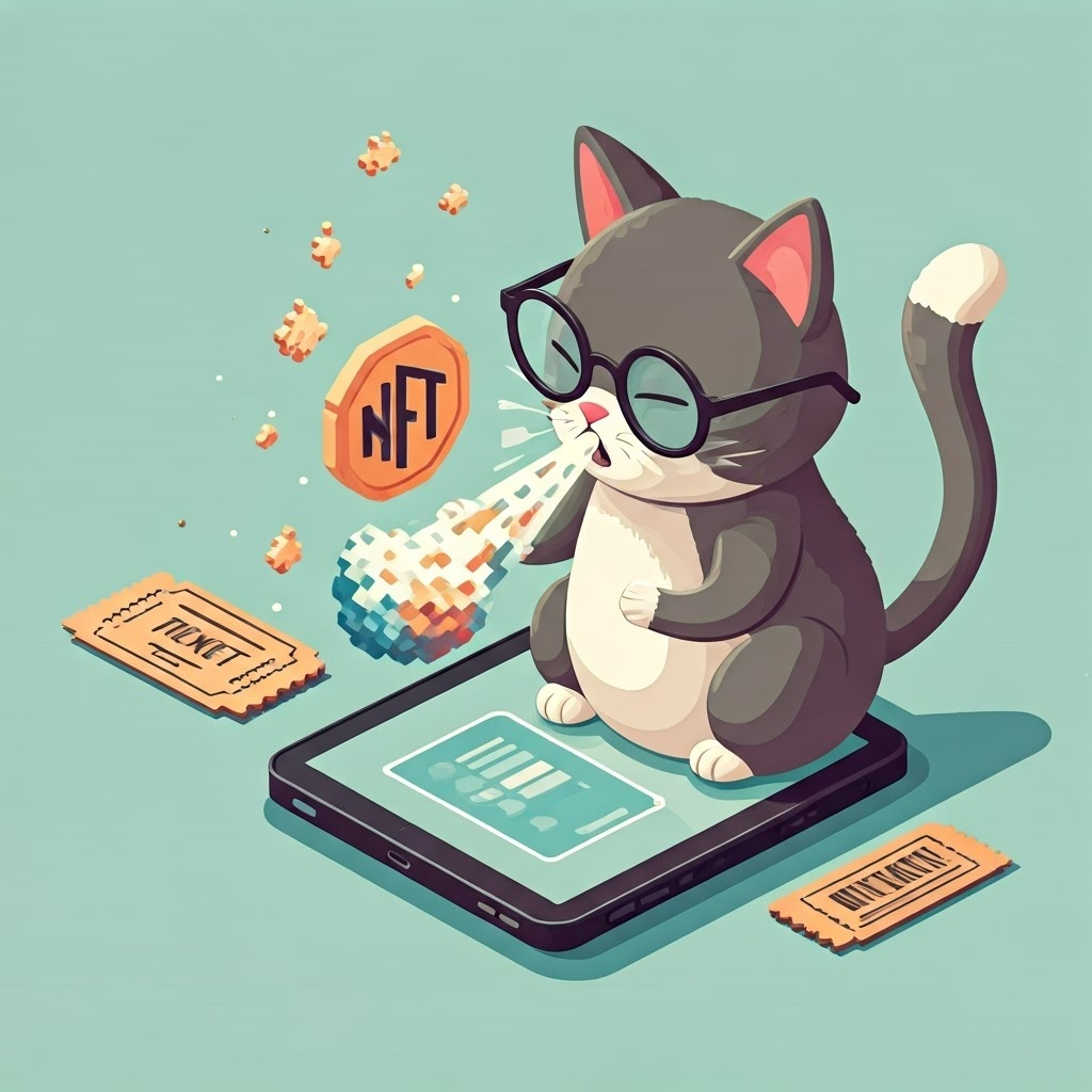 Cartoon cat wearing glasses sneezing out a colorful NFT above a tablet.