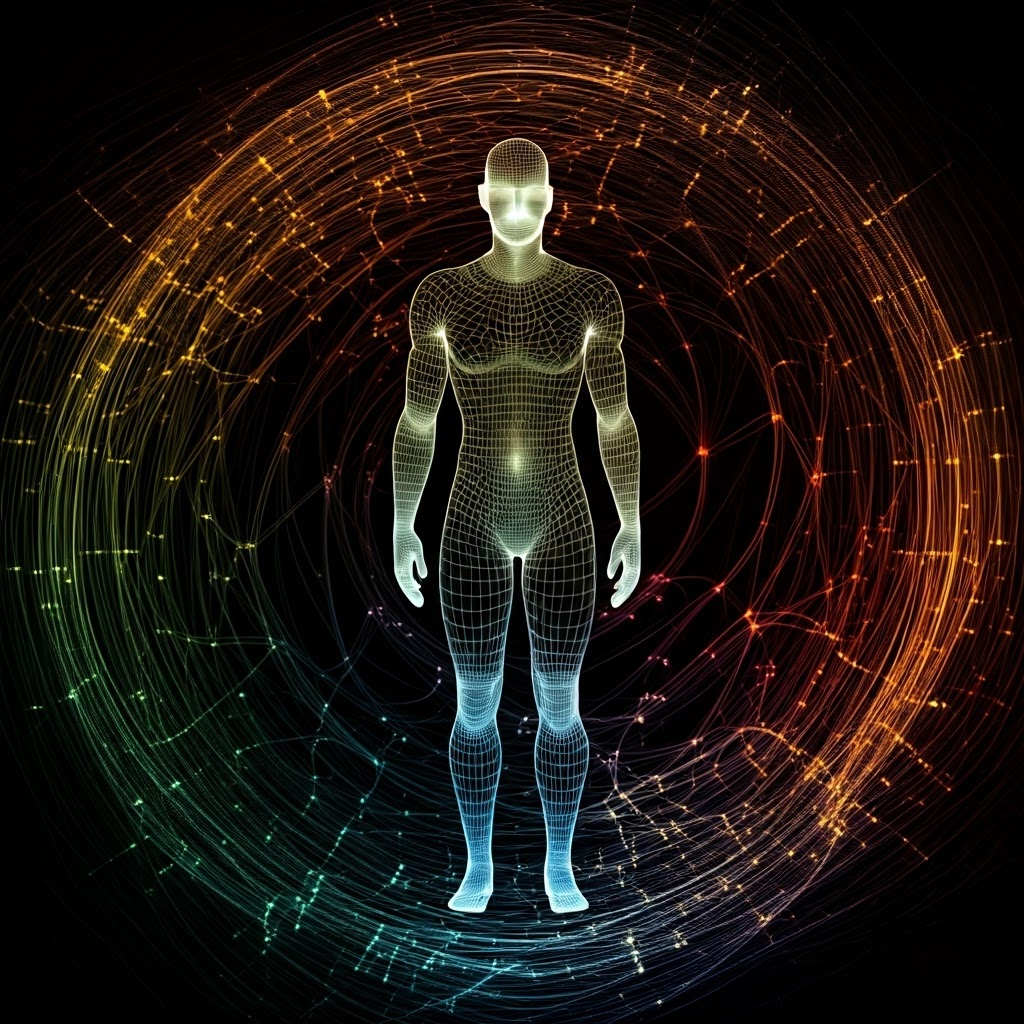 Wireframe figure inside a vibrant web of digital nodes
