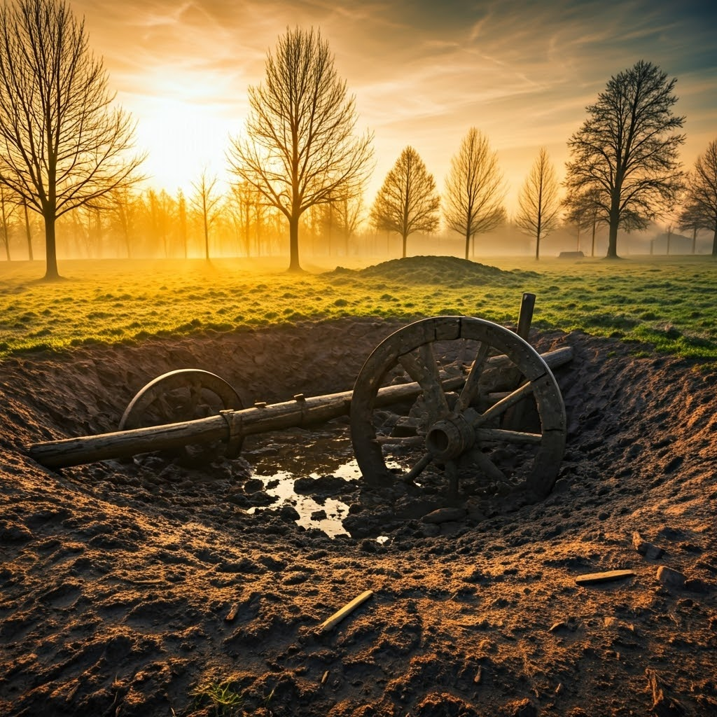 Early Neolithic wooden wheel and axle uncovered near Ljubljana at sunrise, illustrating the origin of wheeled transport.