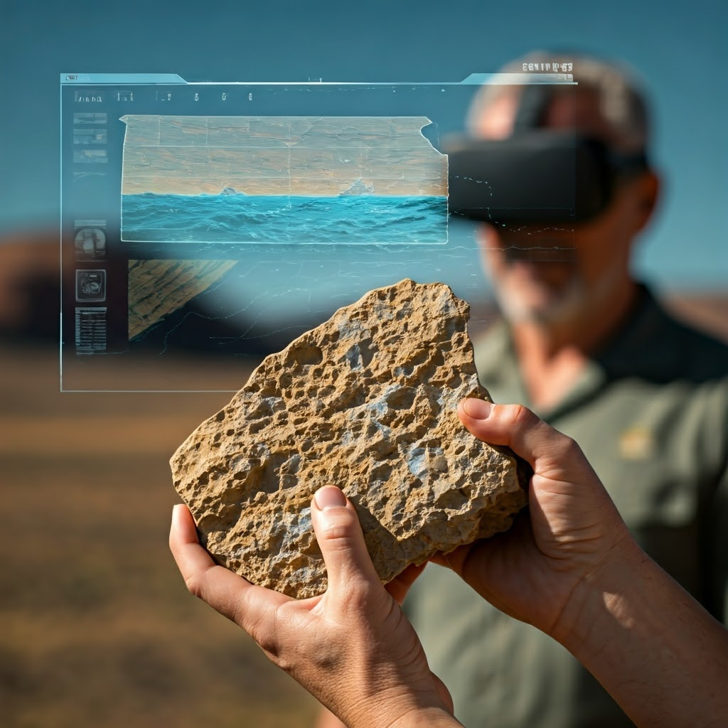 Hands holding sandstone against a holographic map showing ancient seas that once covered Kansas, blending past and present.