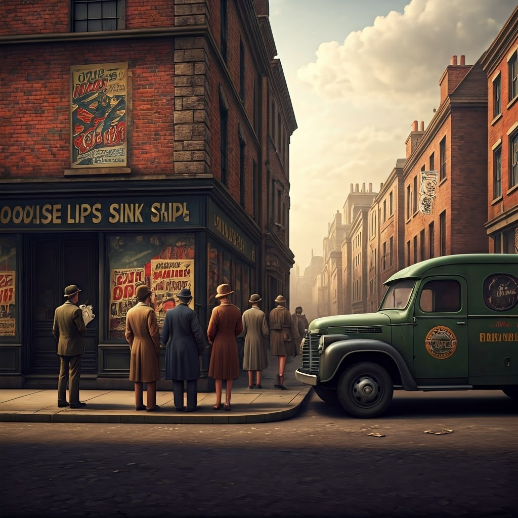 City street covered in wartime posters like “Loose Lips Sink Ships,” with a newsreel camera and radio truck, showing media coordination