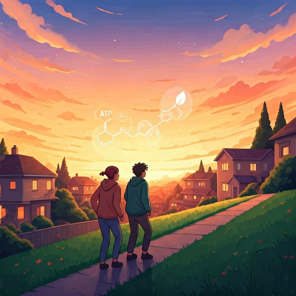 Warm watercolor of friends walking uphill with subtle energy icons marking each phase.