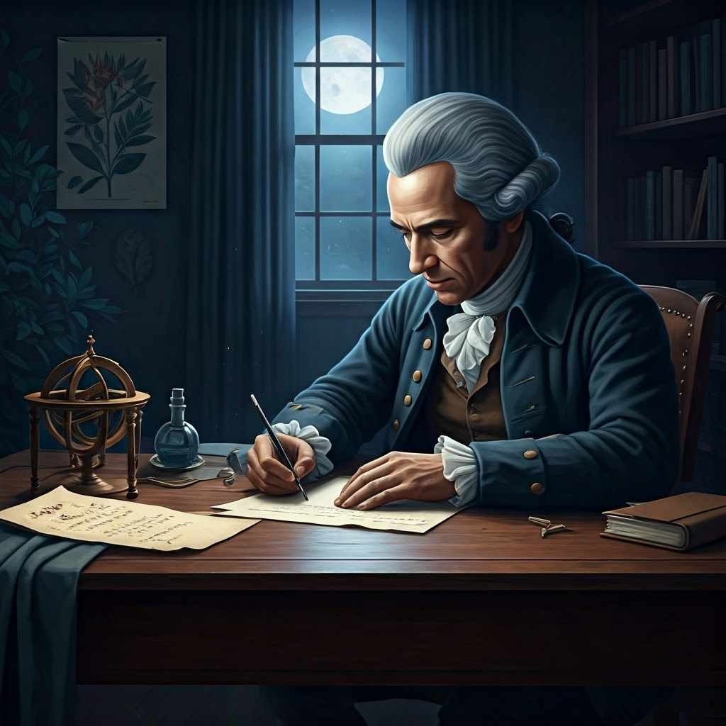 Benjamin Banneker pens a letter to Thomas Jefferson, spotlighting freedom's hypocrisy under moonlight.