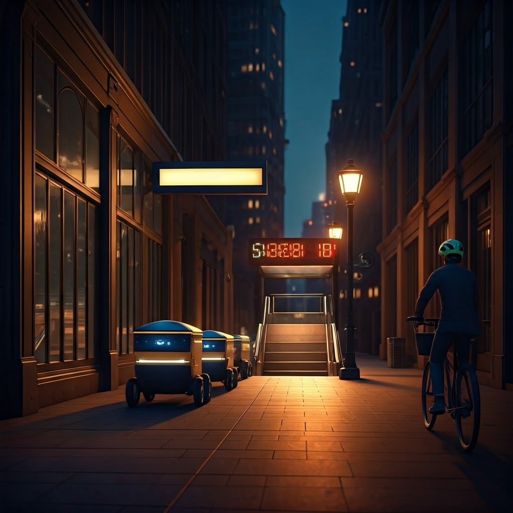Delivery robots glide past a subway entrance with fuel prices flashing, symbolizing shifting logistics and energy costs