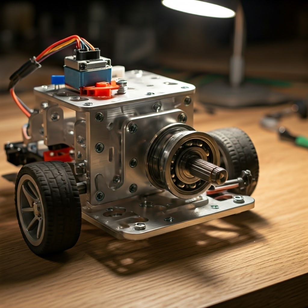 Macro view of a small robot chassis: aluminum plates, steel bolts, ball bearings, and a 3D-printed motor bracket fit together on a workbench.