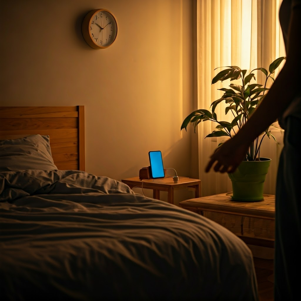 Person places phone on nightstand, tidy room ready for consistent bedtime routine